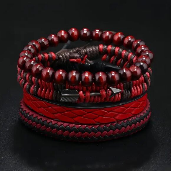 Beaded and Woven Deep Red PU Leather Bracelets – Stackable and Unisex - Picture 2 of 3